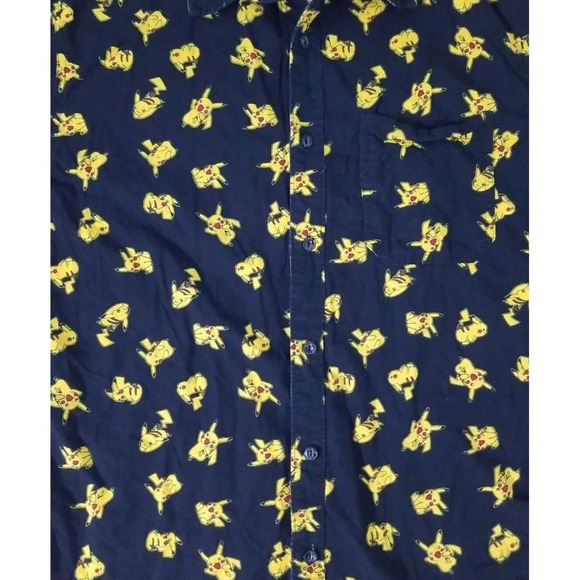 Pokemon Pikachu Print  Button Down Shirt Adult Size Small Black Yellow Official - Picture 3 of 5